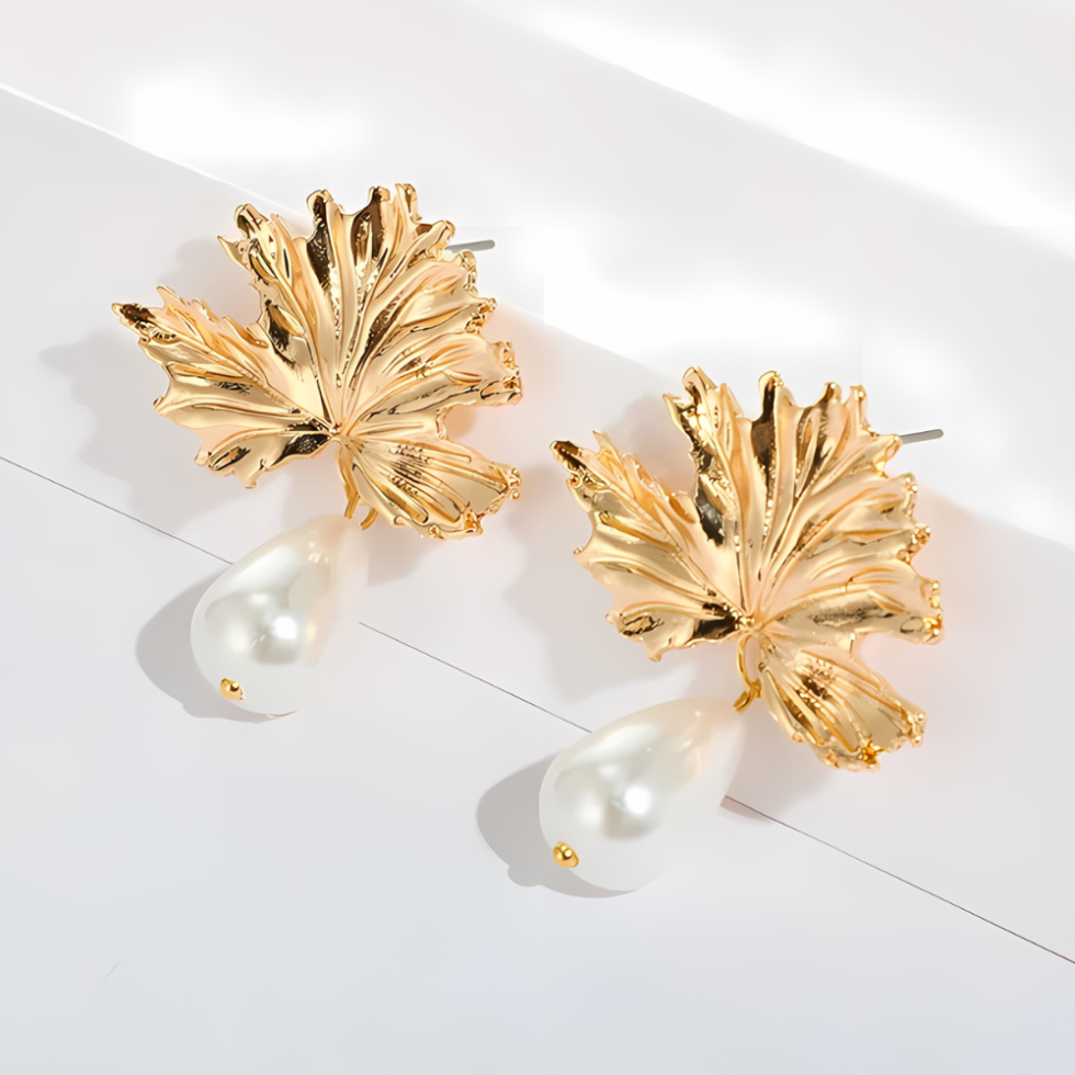 Leaf Pearl Drop Earrings Pair