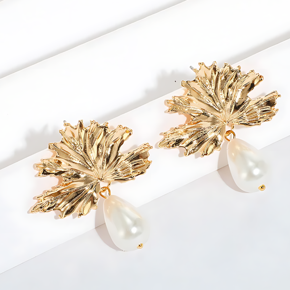 Leaf Pearl Drop Earrings Pair