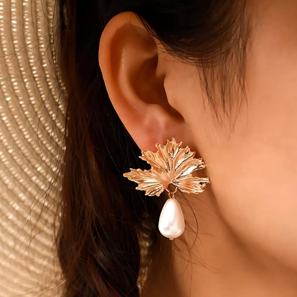 Leaf Pearl Drop Earrings Pair